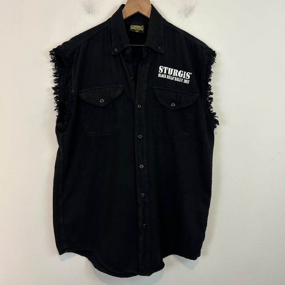Biker Clothing Co Sturgis Black Hills Rally 2017 Sleeveless Denim Shirt Mens L